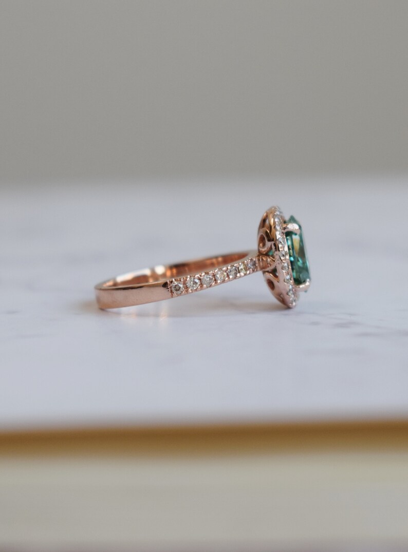 Green moissanite salt and pepper diamond ring. Forever one moissanite engagement ring. Rose gold engagement ring. Gemstone ring image 4