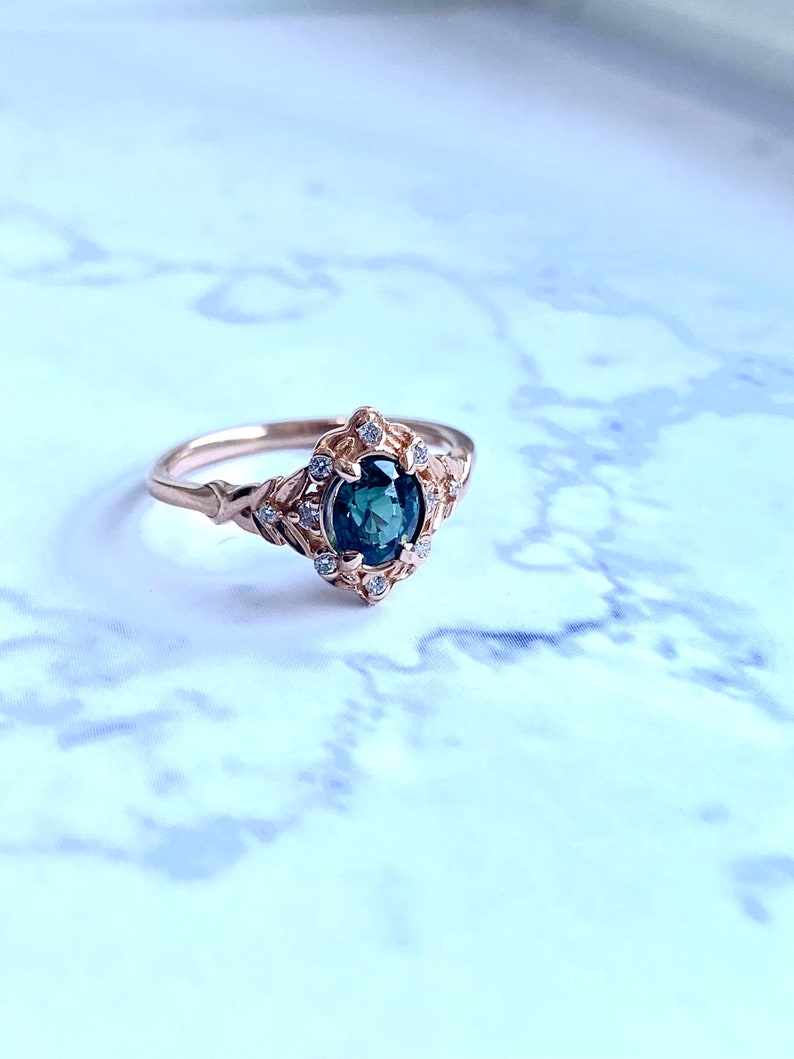 Vintage inspired Green Sapphire Engagement Ring Round Sapphire Ring 14k Rose Gold, Multi Stone Ring Unique Sapphire Ring Elegant Ring image 3