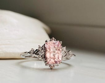 Elvish Starburst Pink Sapphire Engagement Ring: 14k White Gold, Moissanite Accents