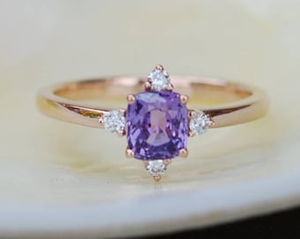 Purple sapphire engagement ring. Promise ring. Cushion engagement ring. 5 stone ring. Rose gold engagement ring. Gemstone ring Eidelprecious
