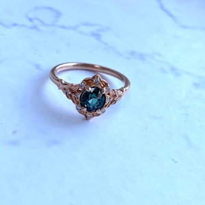 Vintage inspired Green Sapphire Engagement Ring Round Sapphire Ring 14k Rose Gold, Multi Stone Ring Unique Sapphire Ring Elegant Ring image 1