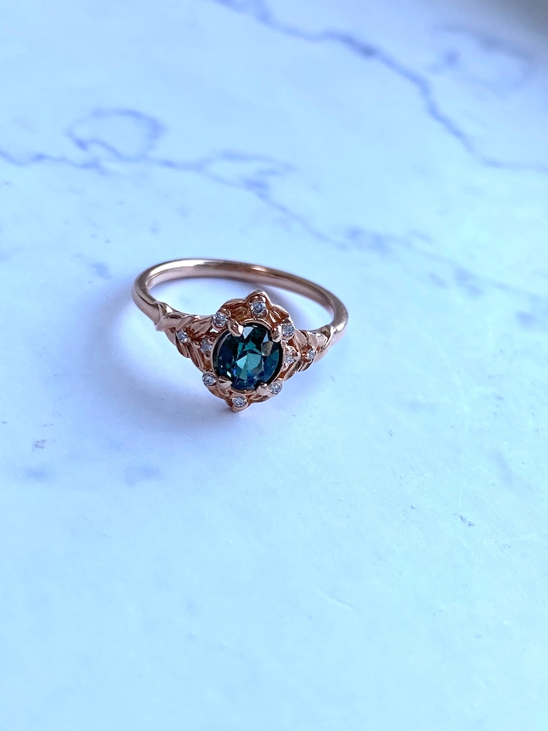 Vintage inspired Green Sapphire Engagement Ring Round Sapphire Ring 14k Rose Gold, Multi Stone Ring Unique Sapphire Ring Elegant Ring image 1