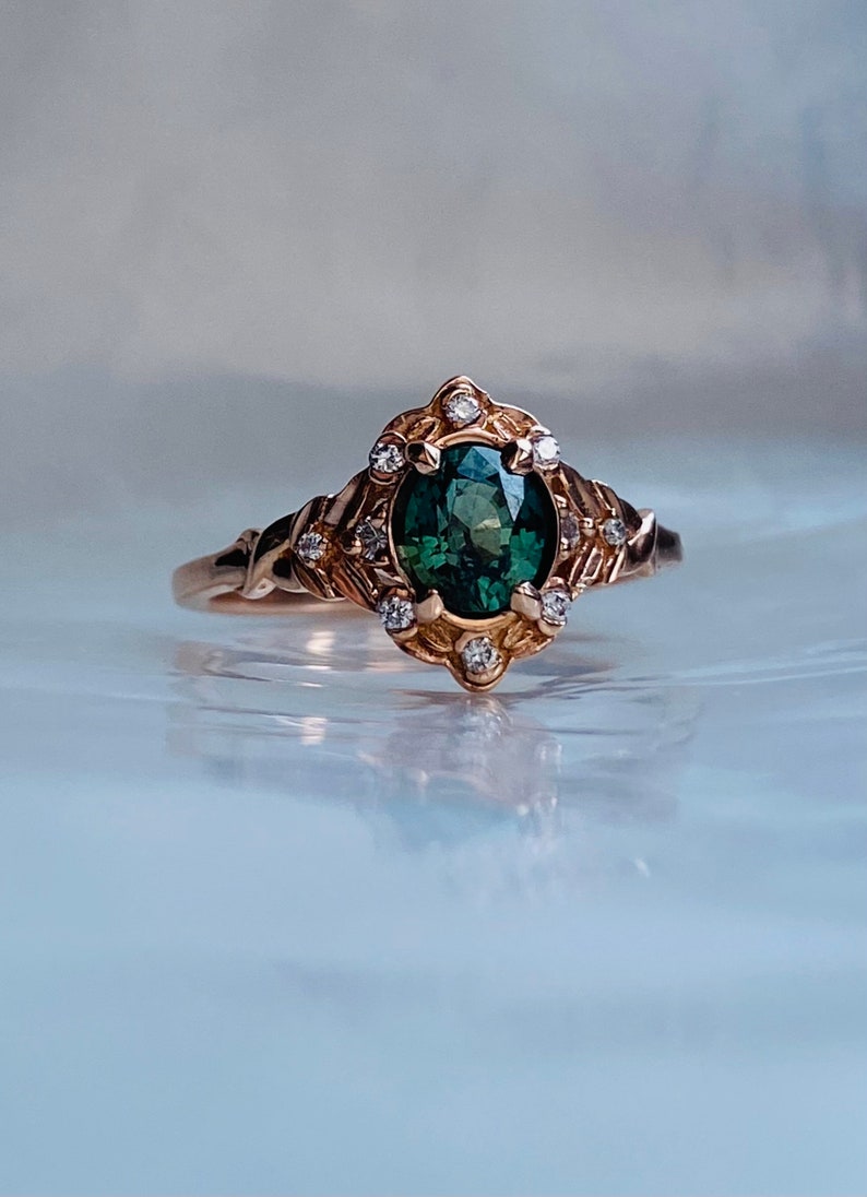Vintage inspired Green Sapphire Engagement Ring Round Sapphire Ring 14k Rose Gold, Multi Stone Ring Unique Sapphire Ring Elegant Ring image 4