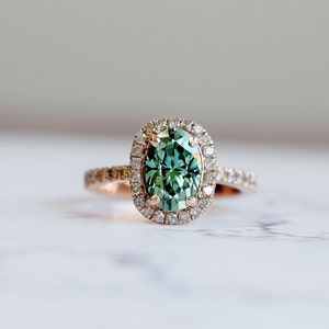Green moissanite salt and pepper diamond ring. Forever one moissanite engagement ring. Rose gold engagement ring. Gemstone ring image 1