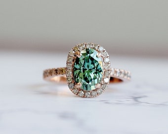 Green moissanite salt and pepper diamond ring. Forever one moissanite engagement ring. Rose gold engagement ring. Gemstone ring