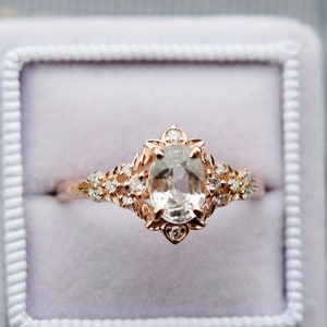 Fairy White Sapphire and Diamond Oval Cut Engagement Ring in 14k Rose Gold, September Birthstone Ring, Art Nouveau Ring, Multi Stone Ring image 9