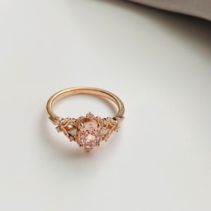 Fairy Peach Sapphire and Diamond Engagement Ring in 14k Rose Gold, Fantasy ring September Birthstone, Art Nouveau Ring, Multi Stone Ring