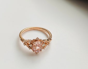 Fairy Peach Sapphire and Diamond Engagement Ring in 14k Rose Gold, Fantasy ring September Birthstone, Art Nouveau Ring, Multi Stone Ring