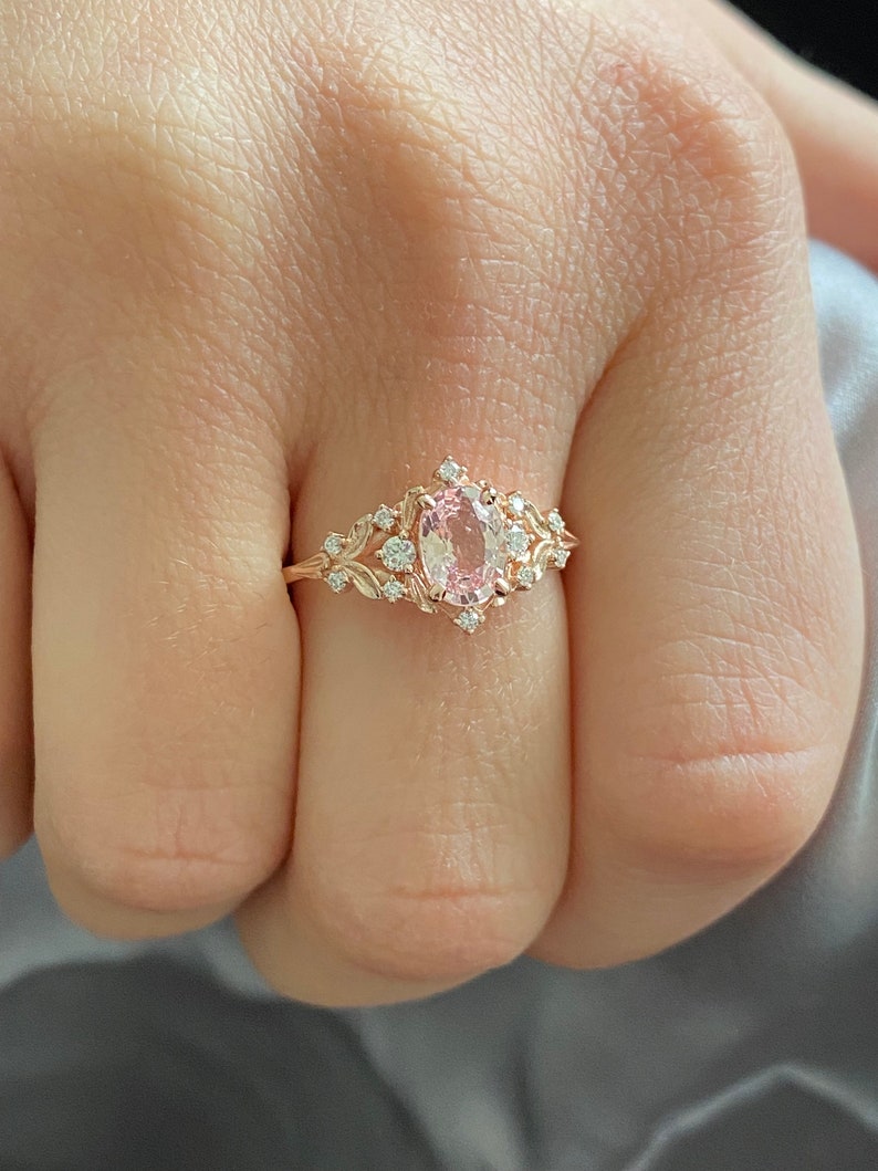 Enchanted forest pink sapphire engagement ring. Vintage filigree ring. Engagement Ring. Peach Sapphire rose gold ring by Eidelprecious image 6