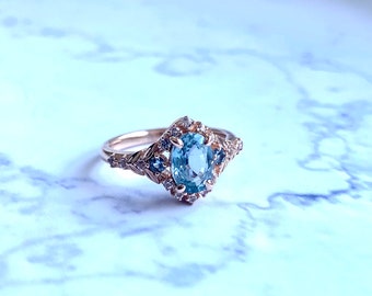 Filigree Mint Sapphire Engagement Ring Gold, Fantasy vintage engagement ring September Birthstone Ring, Delicate Ring, Fairy Tale Ring