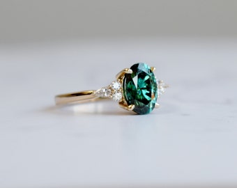 Emerald green moissanite engagement ring. Cluster moissanite engagement ring. Yellow gold Campari engagement ring Eidelprecious