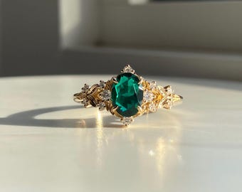Emerald Floral Engagement Ring 14k Yellow Gold | May Birthstone Ring