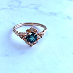 Vintage inspired Green Sapphire Engagement Ring Round Sapphire Ring 14k Rose Gold, Multi Stone Ring Unique Sapphire Ring Elegant Ring image 8