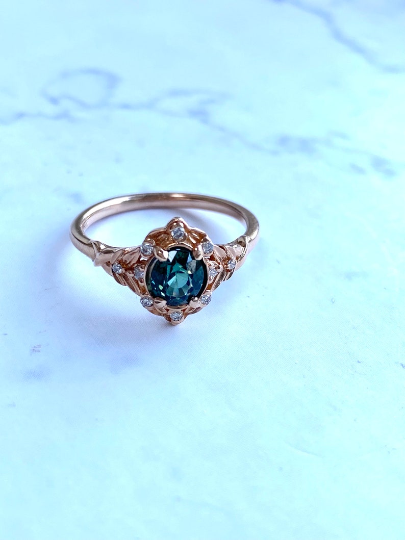 Vintage inspired Green Sapphire Engagement Ring Round Sapphire Ring 14k Rose Gold, Multi Stone Ring Unique Sapphire Ring Elegant Ring image 8