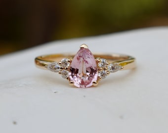 Peach Sapphire Engagement Ring: Pear Cut, 14k Yellow Gold, Moissanite Accents