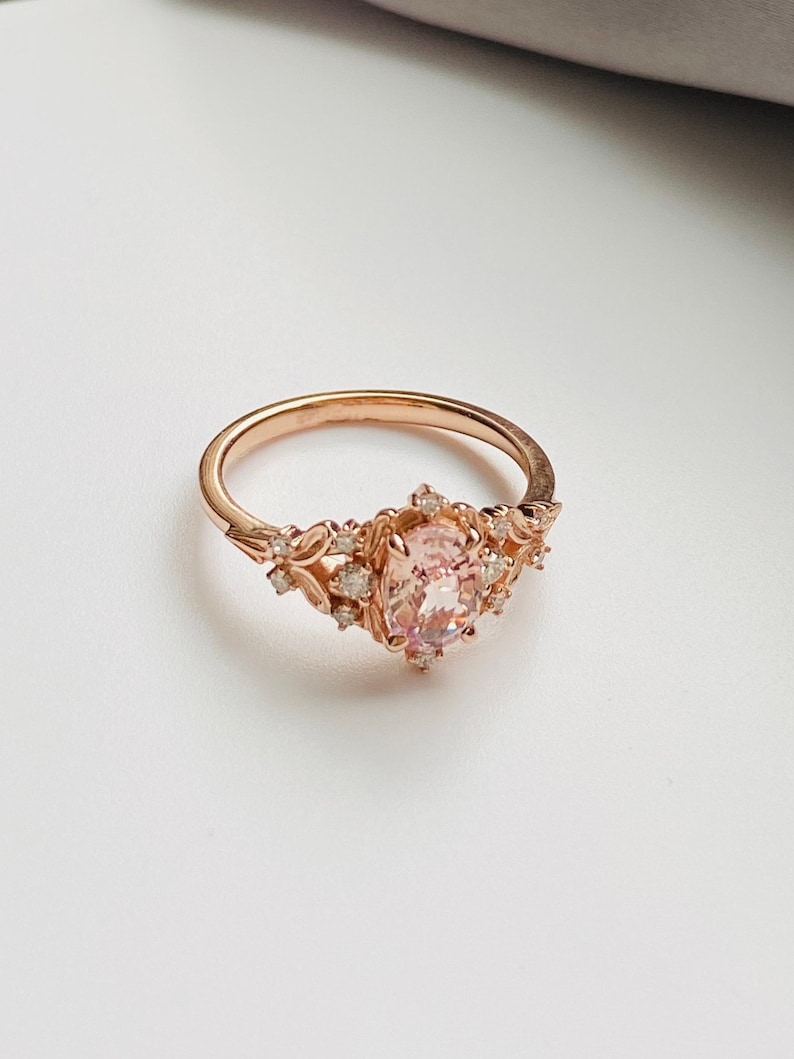 Enchanted forest pink sapphire engagement ring. Vintage filigree ring. Engagement Ring. Peach Sapphire rose gold ring by Eidelprecious image 7