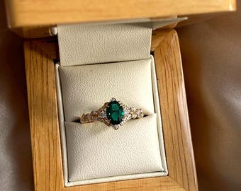 May Birthstone Engagement Ring – Emerald Fantasy Ring in 14k Yellow Gold