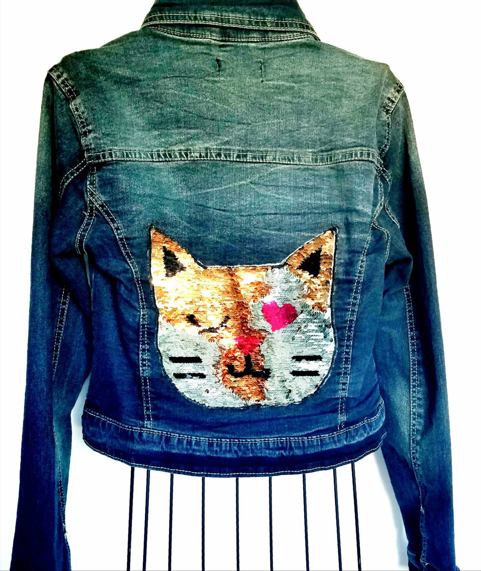 Girls cat denim jacket. Cat jacket. Cat lovers gift. Gift for Etsy