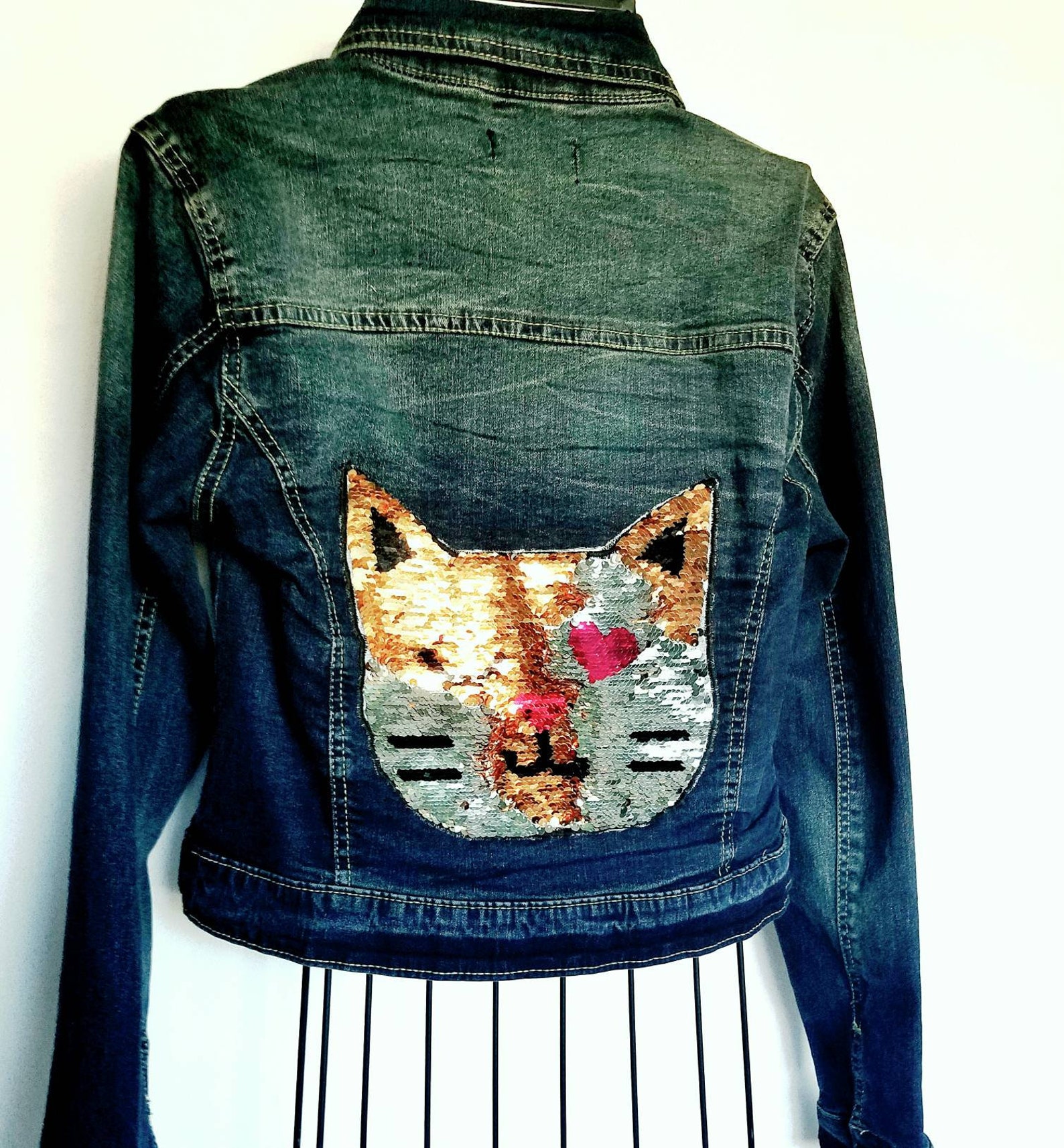 Girls cat denim jacket. Cat jacket. Cat lovers gift. Gift for Etsy
