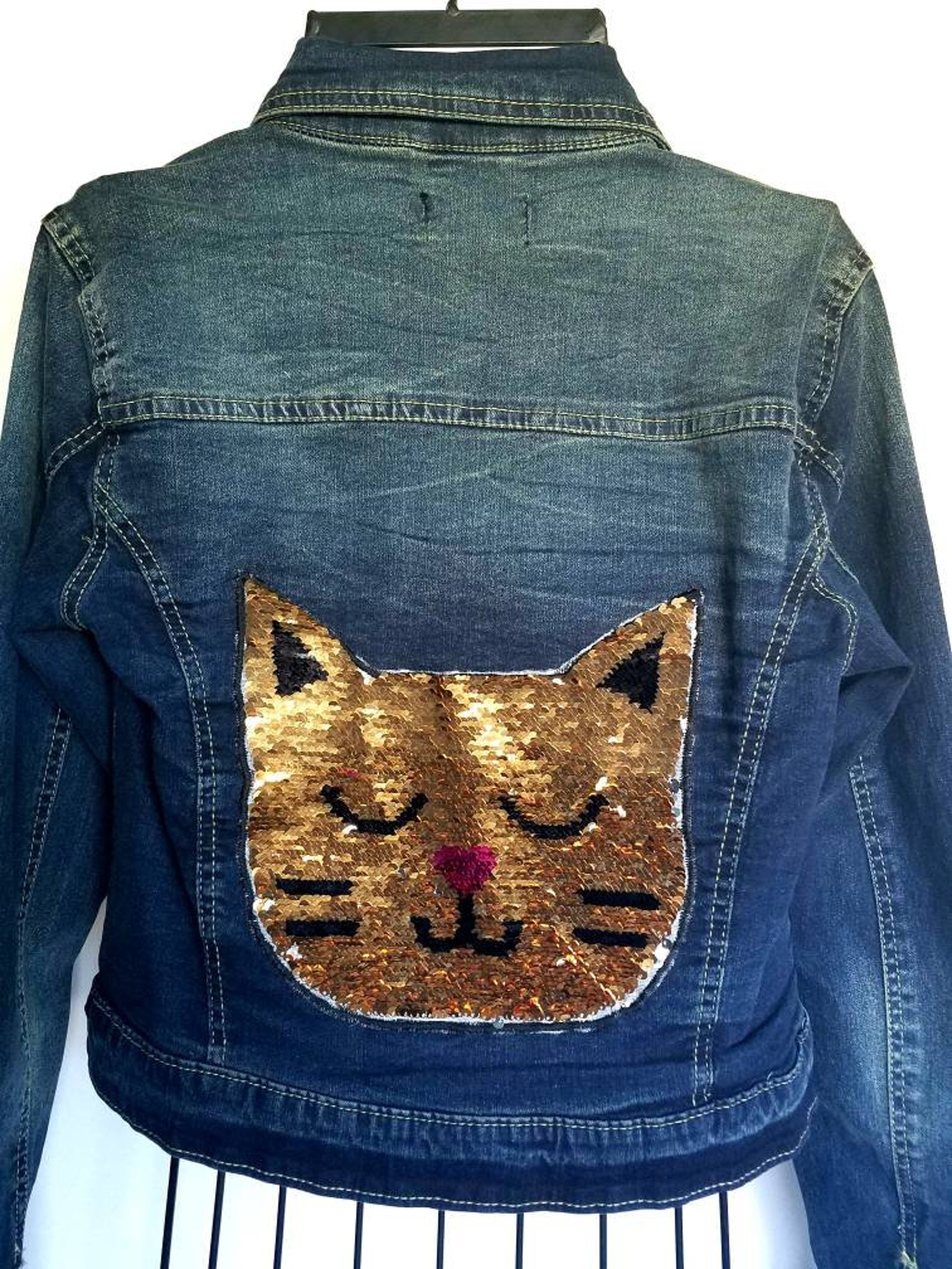 Girls cat denim jacket. Cat jacket. Cat lovers gift. Gift for Etsy