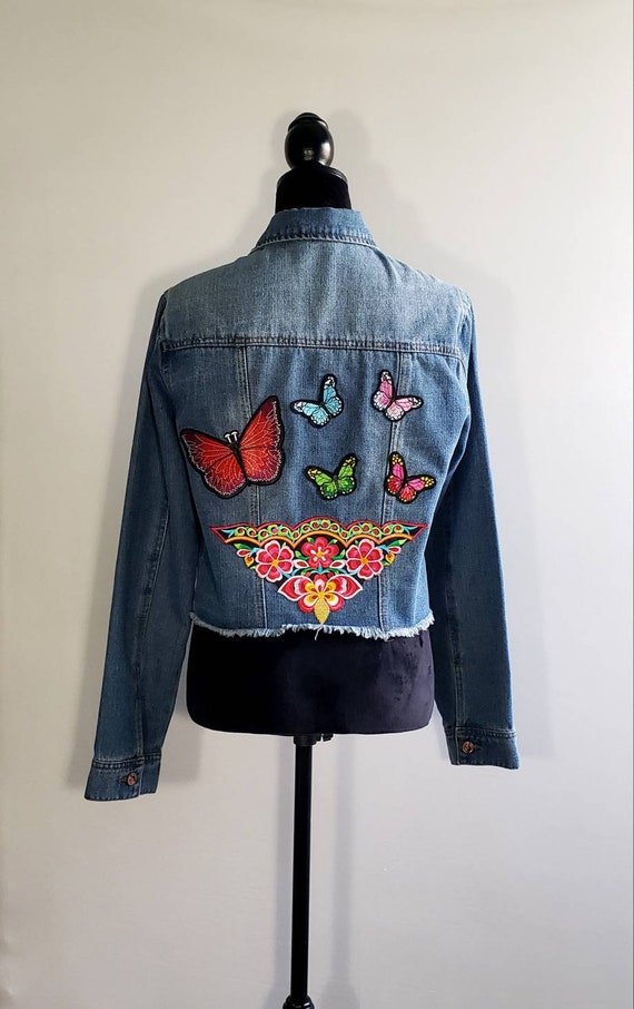 Butterfly jacket Gift for her Missy/'s medium denim jacket Denim jacket Butterflies Unique denim jacket Denim butterfly jacket