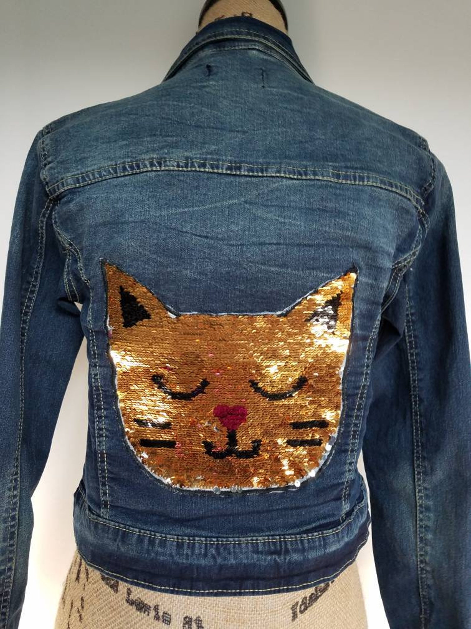 Girls cat denim jacket. Cat jacket. Cat lovers gift. Gift for Etsy