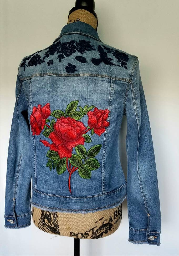 Embroidered rose denim jacket. Vintage denim jacket. Vintage | Etsy