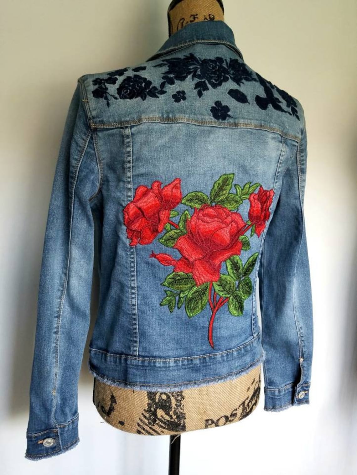 Embroidered rose denim jacket. Vintage denim jacket. Vintage Etsy