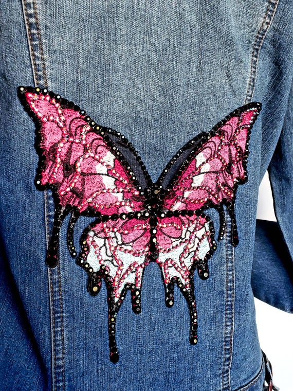 Butterfly jacket Gift for her Missy/'s medium denim jacket Denim jacket Butterflies Unique denim jacket Denim butterfly jacket