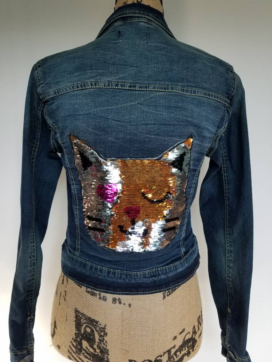 Girls cat denim jacket. Cat jacket. Cat lovers gift. Gift for Etsy