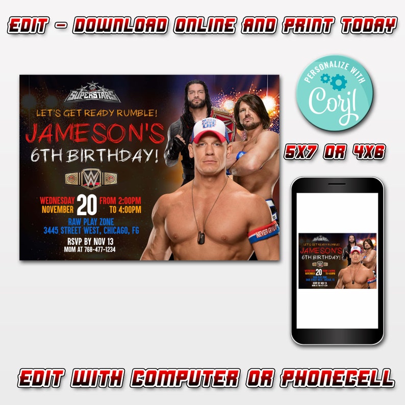 Editable Wwe Birthday Invitations Instant Downloadeditable Etsy