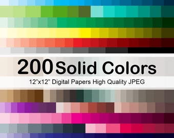 Könnte beinhalten: Ein digitales Papierpaket mit 200 Volltonfarben. Die Farben sind in Reihen von jeweils 10 Quadraten angeordnet. Die Farben reichen von hell bis dunkel und umfassen Farbtöne von Blau, Grün, Gelb, Rot, Lila, Rosa und Braun. Der Text "200 Solid Colors" ist in schwarzer Schrift auf weißem Hintergrund dargestellt. Der Text "12"x12" Digital Papers High Quality JPEG" ist in schwarzer Schrift auf weißem Hintergrund dargestellt.