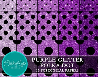 Purple Glitter Polka Dot Digital Papers, Scrapbook Papers Black Polka Dots Clip Art  Instant Download