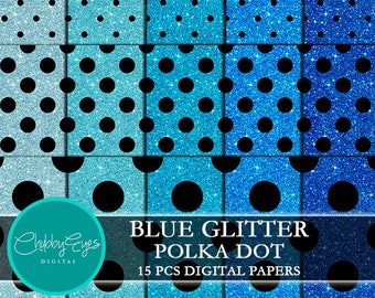 Blue Glitter Polka Dot Digital Papers, Scrapbook Papers Black Polka Dots Clipart  Instant Download