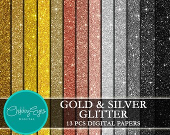 Gold and Silver Glitter Digital Papers, Scrapbook Papers Black Sparkles Clipart , digital background - Instant Download