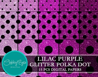 Lilac Purple Glitter Polka Dot Digital Papers, Scrapbook Papers Black Polka Dots Clip Art  Instant Download