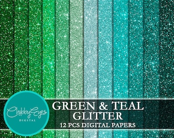 Green and Teal Glitter Digital Papers, Scrapbook Papers Green Sparkles Clipart , digital background - Instant Download