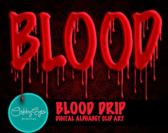 Blood Drip Digital Alphabet, Halloween Clip Art, Font, Numbers and Punctuation Clip Art, Red Blood, Instant Download