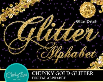 Chunky Gold Glitter Alphabet, Numbers Clip Art, Digital Sparkle Font, - Digital Instant Download