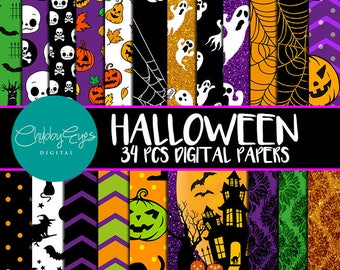 Halloween Digital Papers,  Halloween Scrapbook Papers, Glitter Papers, Pumpkin, Ghost, Spooky Papers -Instant Download