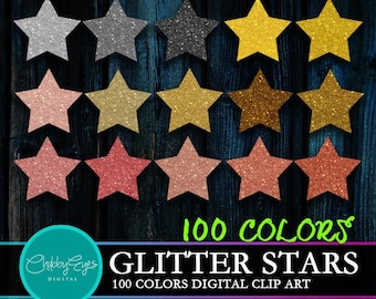 Glitter Stars Clipart, 100 Colors Digital Glitter Clip art, Scrapbook Clipart, Instant Download