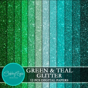 Green and Teal Glitter Digital Papers, Scrapbook Papers Green Sparkles Clipart , digital background Instant Download image 1