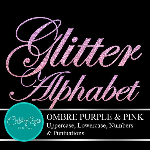 Pink Purple Ombre Glitter Alphabet, Numbers and Punctuation Clip Art, Digital Sparkle Font Clipart- Digital Instant Download