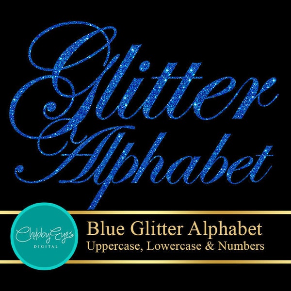 Blue Glitter Alphabet, Numbers and Punctuation Clip Art, Digital Sparkle Font Clipart- Digital Instant Download