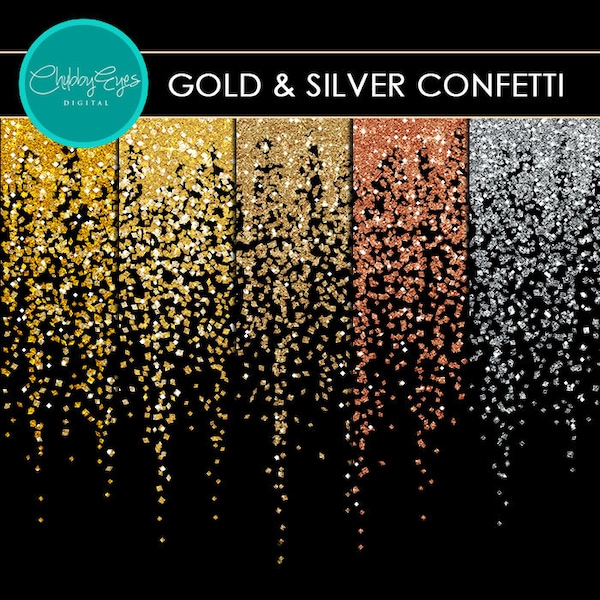 Gold & Silver Glitter Confetti Borders, Digital Glitter Clip art, Star Overlay Instant Downlaod