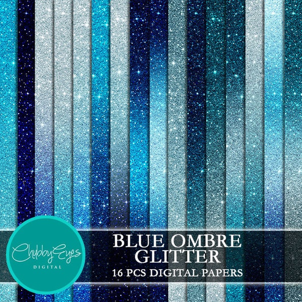 Blue Ombre Glitter Digital Papers, Scrapbook Papers Glitter Clipart  Instant Download