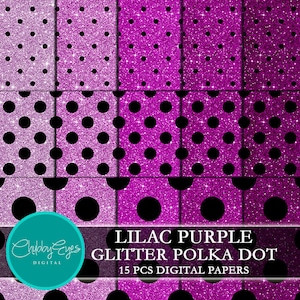 Lilac Purple Glitter Polka Dot Digital Papers, Scrapbook Papers Black Polka Dots Clip Art  Instant Download