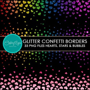Glitter Confetti Borders, Photoshop Overlays,  Rainbow Stars, Heart, Bubbles Frame Digital Glitter Clip art - Instant Download