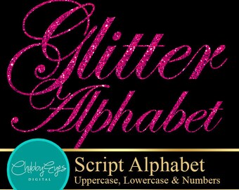 Maroon Pink Glitter Alphabet, Numbers and Punctuation Clip Art, Digital Sparkle Font, Script Font- Digital Instant Download