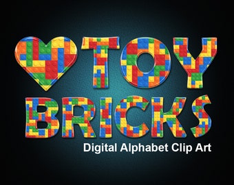 May include: A colorful image of the word "TOY BRICKS" spelled out in plastic building blocks. The letters are made of red, blue, yellow, and green blocks. A red heart made of the same blocks is to the left of the word.